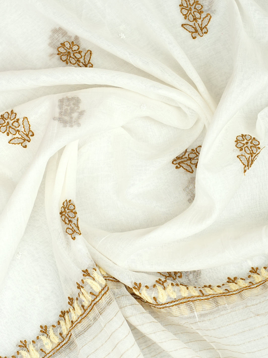 Ada Hand Embroidered White Chanderi Lucknowi Chikankari Unstitched Kurta Dupatta Set With Pearl Work 01A897574
