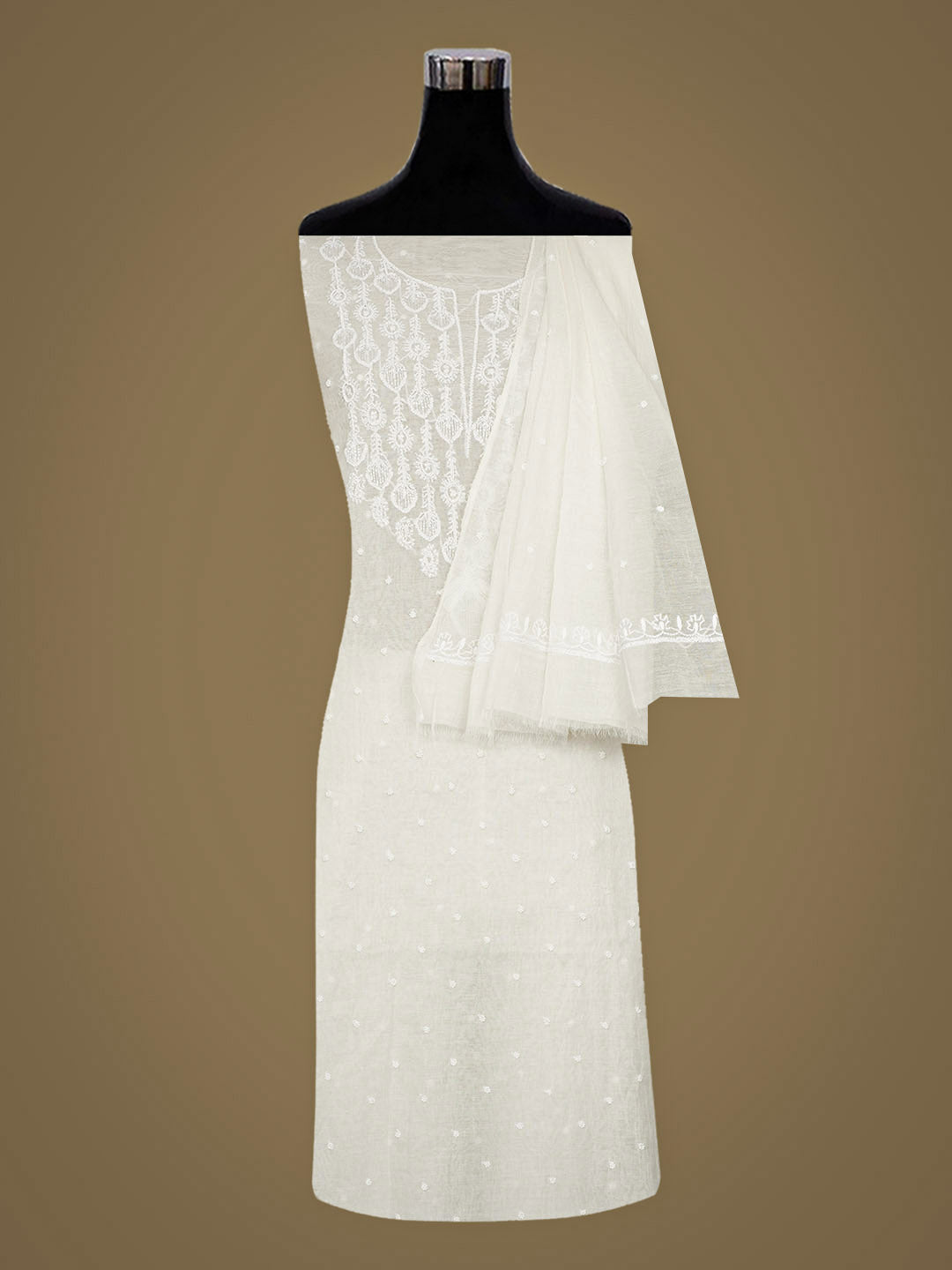 Ada Hand Embroidered White Chanderi Lucknowi Chikankari Unstitched Kurta Dupatta Set With Pearl Work 01A972766