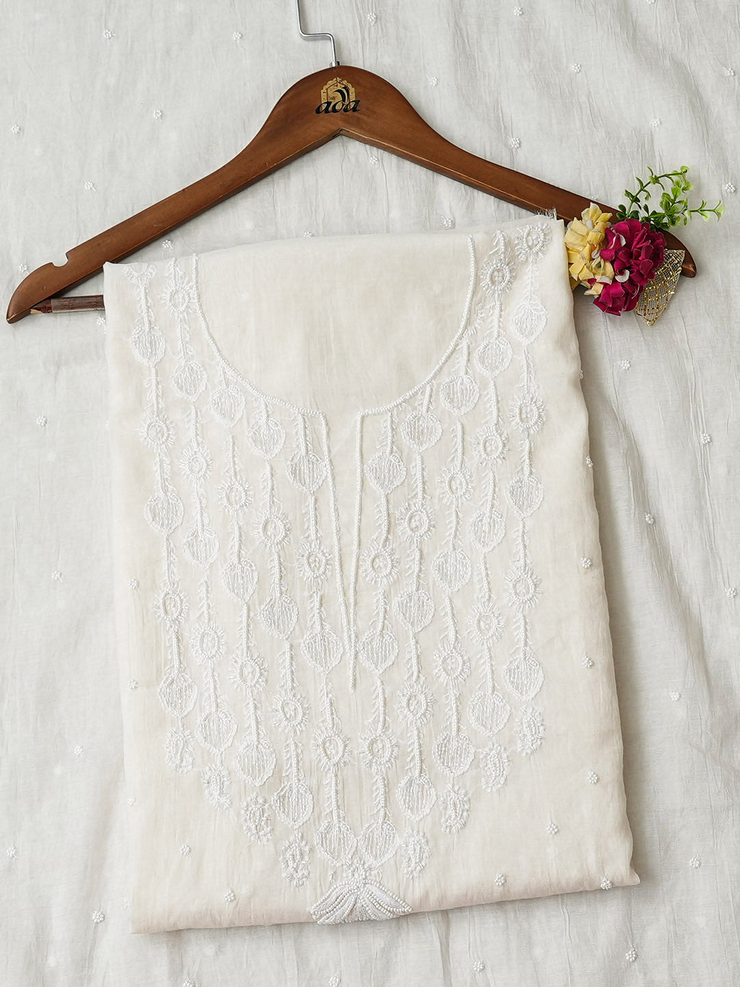 Ada Hand Embroidered White Chanderi Lucknowi Chikankari Unstitched Kurta Dupatta Set With Pearl Work 01A972766