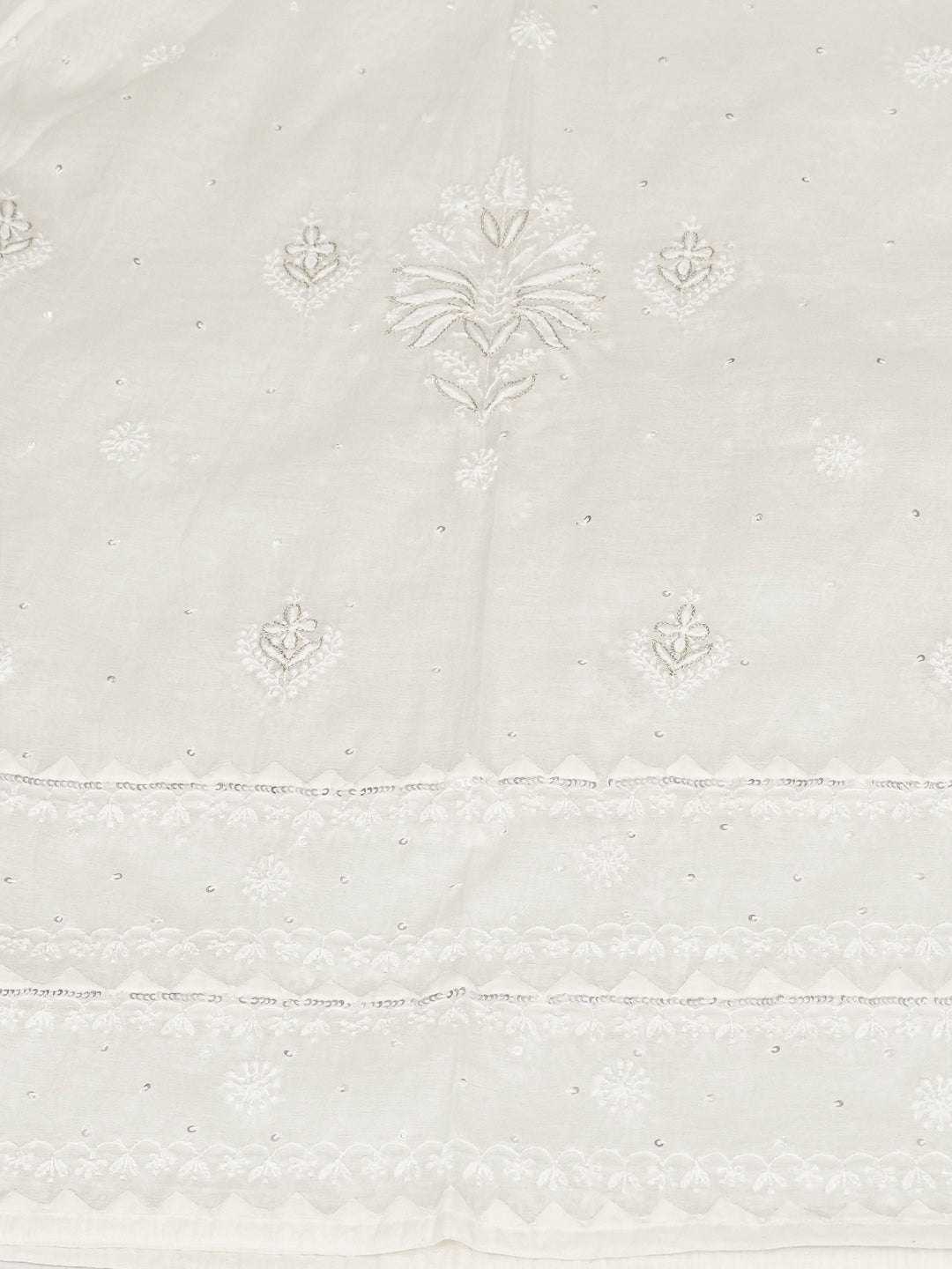 Ada Hand Embroidered White Chanderi Lucknowi Chikankari Unstitched Kurta Dupatta Set With Pearl, Sequinned, Zari & Cutdana Work 01A899371
