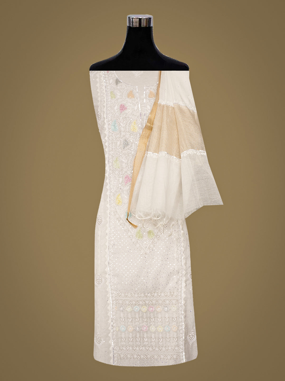Ada Hand Embroidered White Chanderi Lucknowi Chikankari Unstitched Kurta Dupatta Set With Pearl, Sequinned, Zari & Cutdana Work 01A899371