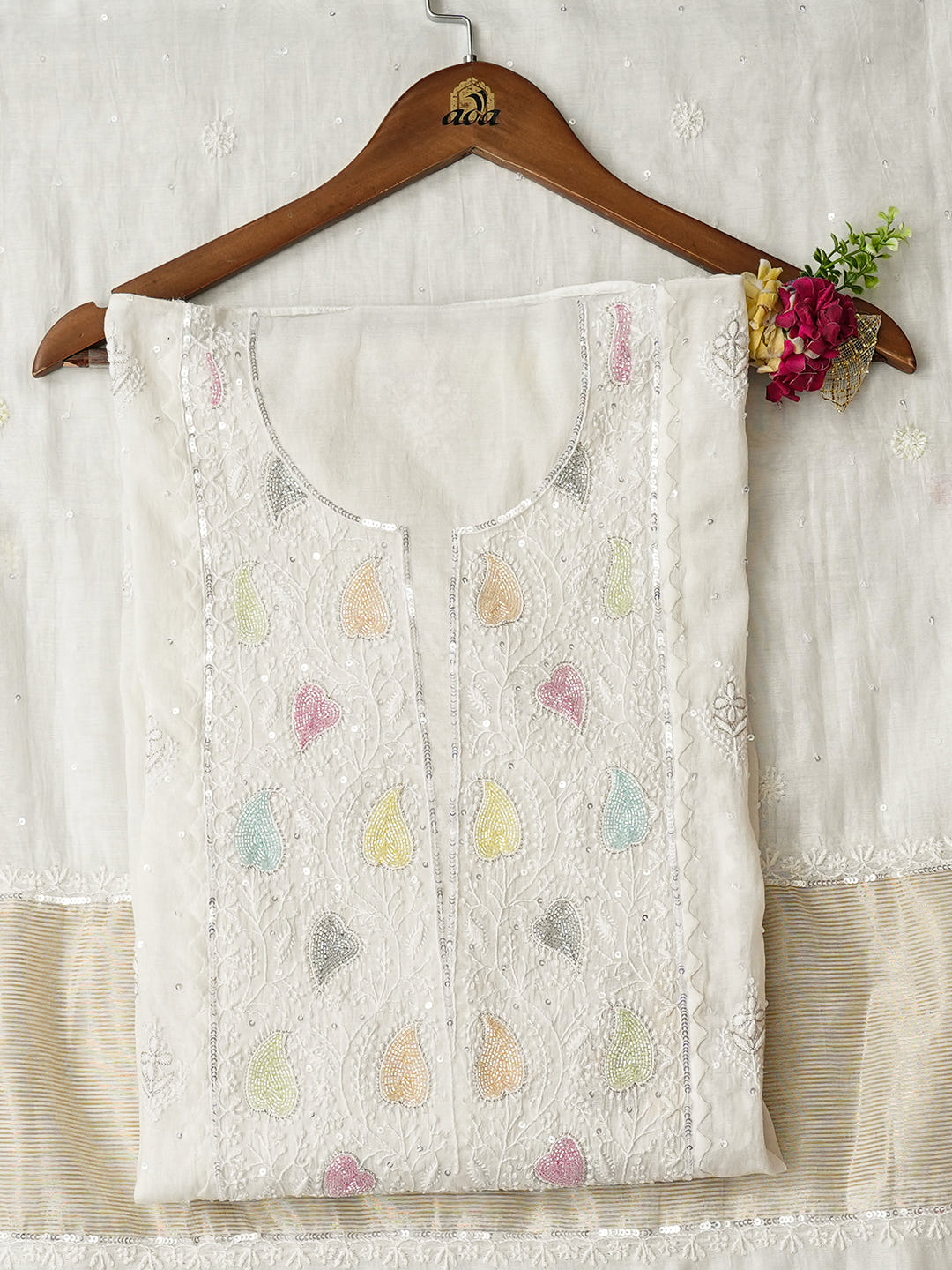 Ada Hand Embroidered White Chanderi Lucknowi Chikankari Unstitched Kurta Dupatta Set With Cutdana Work 01A899371