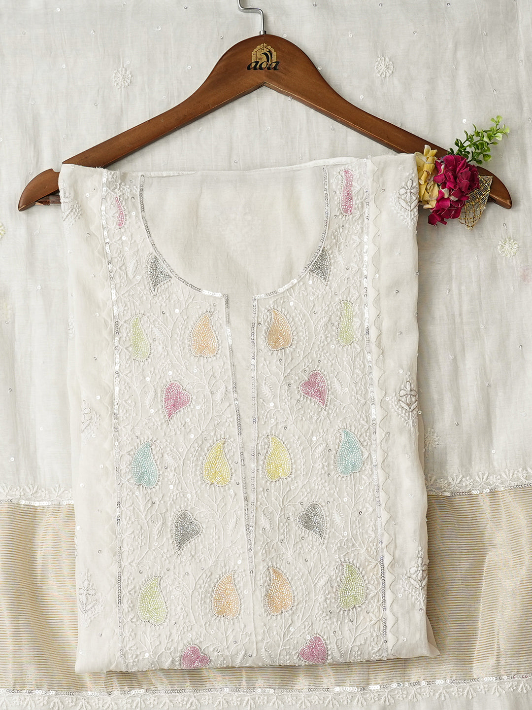 Ada Hand Embroidered White Chanderi Lucknowi Chikankari Unstitched Kurta Dupatta Set With Pearl, Sequinned, Zari & Cutdana Work 01A899371