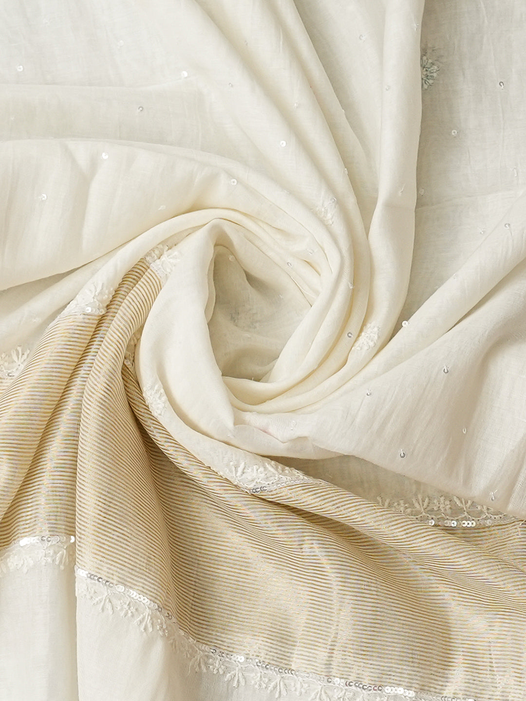 Ada Hand Embroidered White Chanderi Lucknowi Chikankari Unstitched Kurta Dupatta Set With Pearl, Sequinned, Zari & Cutdana Work 01A899371