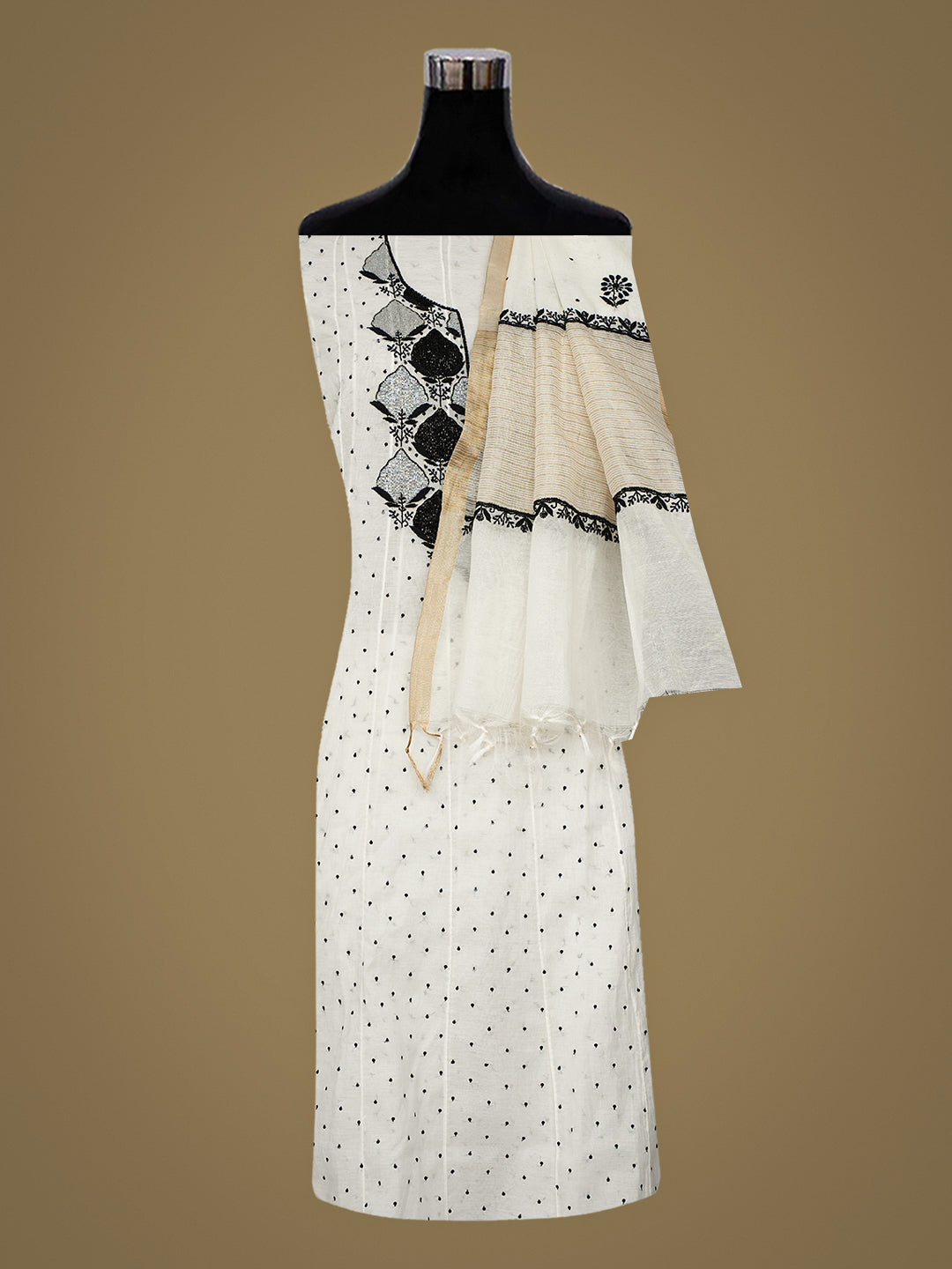Ada Hand Embroidered White Chanderi Lucknowi Chikankari Unstitched Kurta Dupatta Set With Pearl, Sequinned, Zari & Cutdana Work 01A977593