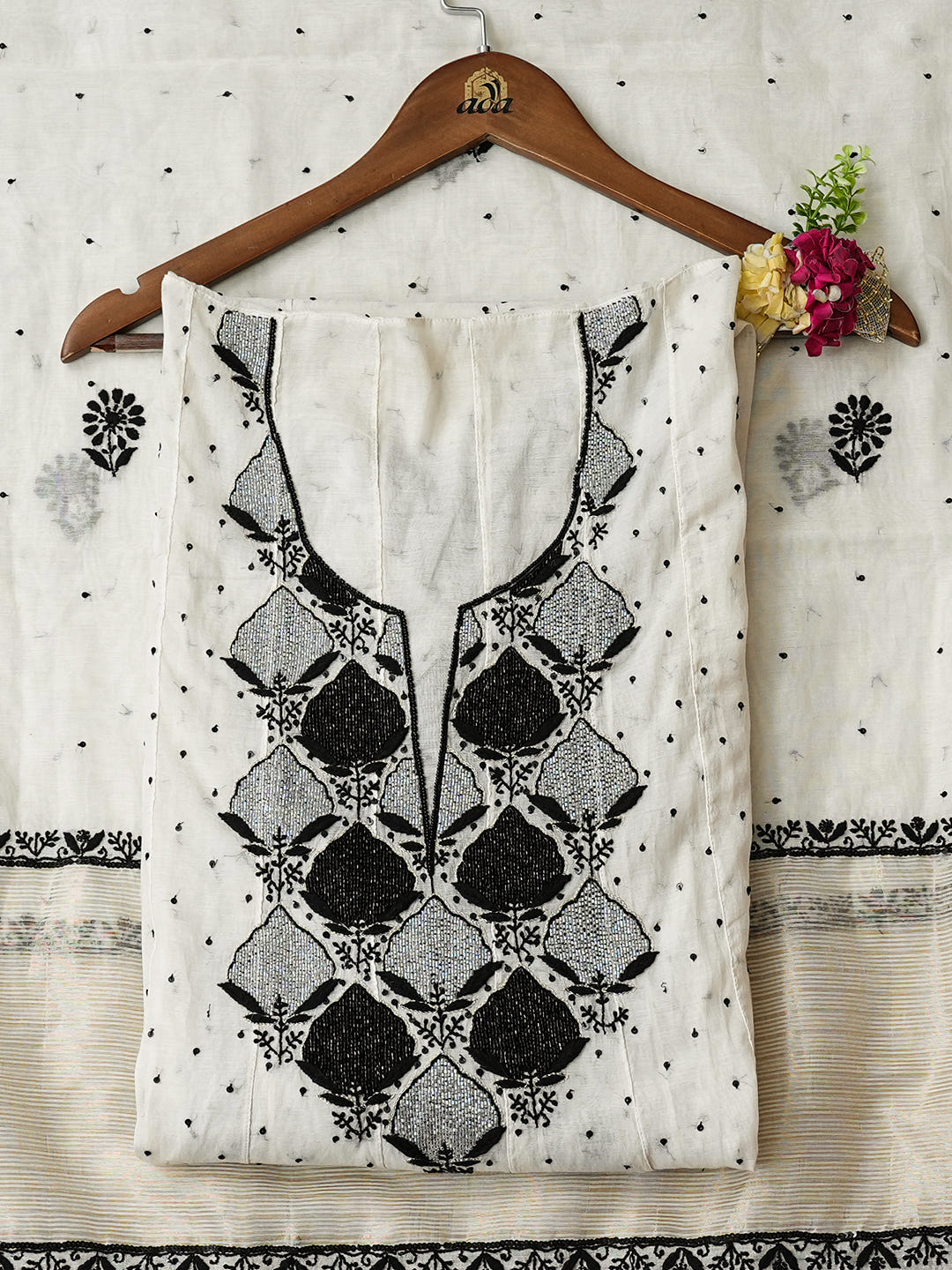 Ada Hand Embroidered White Chanderi Lucknowi Chikankari Unstitched Kurta Dupatta Set With Sequinned, Work 01A977593