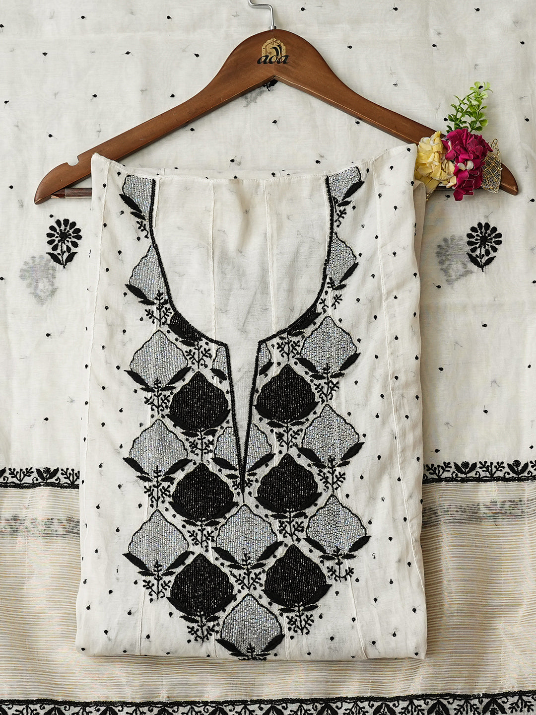 Ada Hand Embroidered White Chanderi Lucknowi Chikankari Unstitched Kurta Dupatta Set With Pearl, Sequinned, Zari & Cutdana Work 01A977593