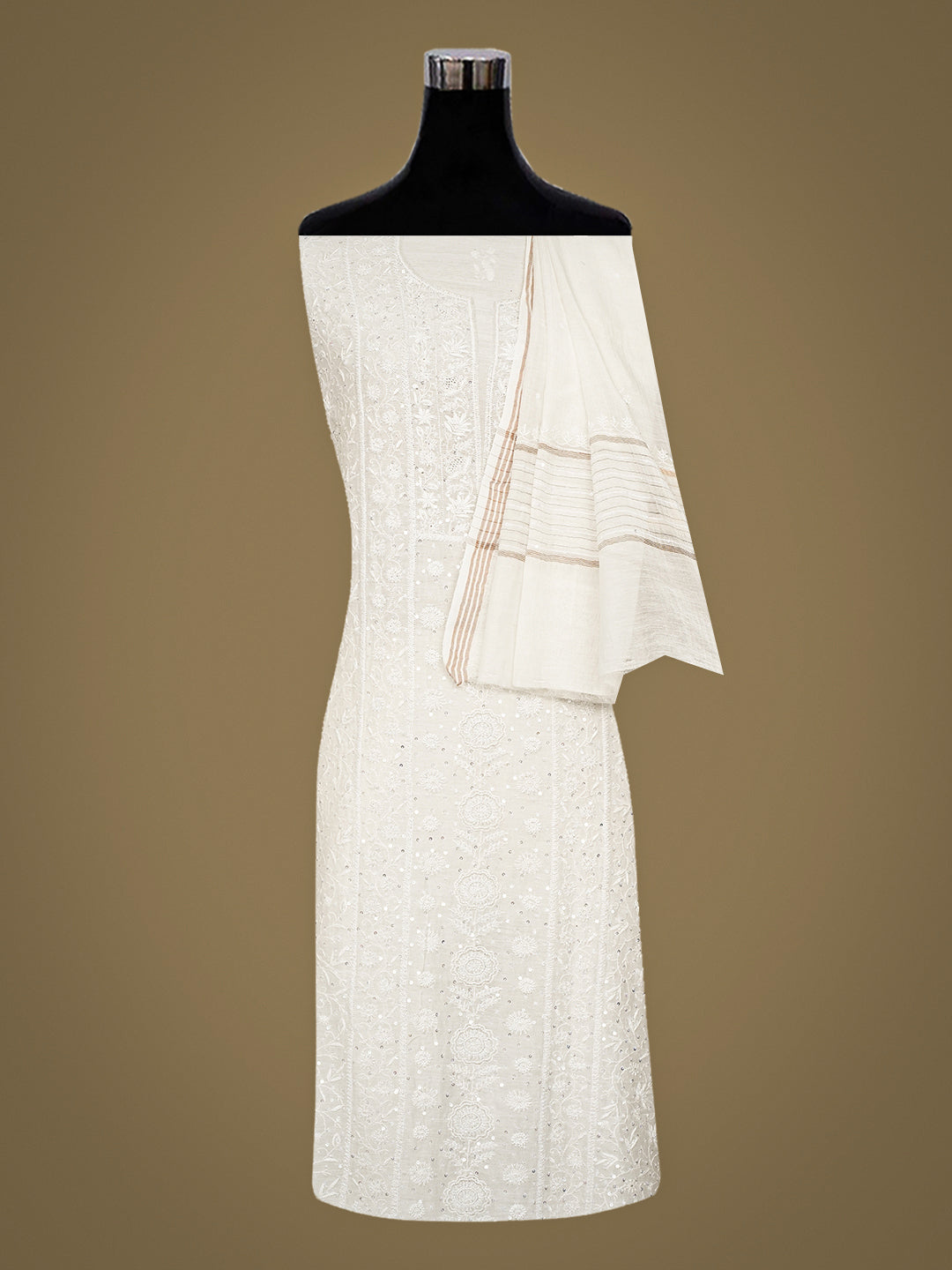 Ada Hand Embroidered White Chanderi Lucknowi Chikankari Unstitched Kurta Dupatta Set With Sequinned Work 01A902528
