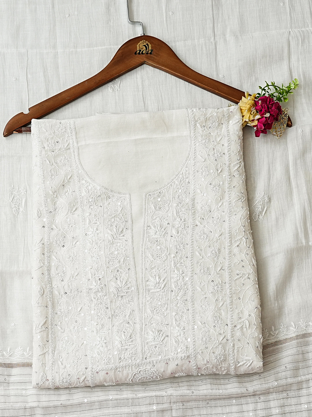 Ada Hand Embroidered White Chanderi Lucknowi Chikankari Unstitched Kurta Dupatta Set With Sequinned Work 01A902528