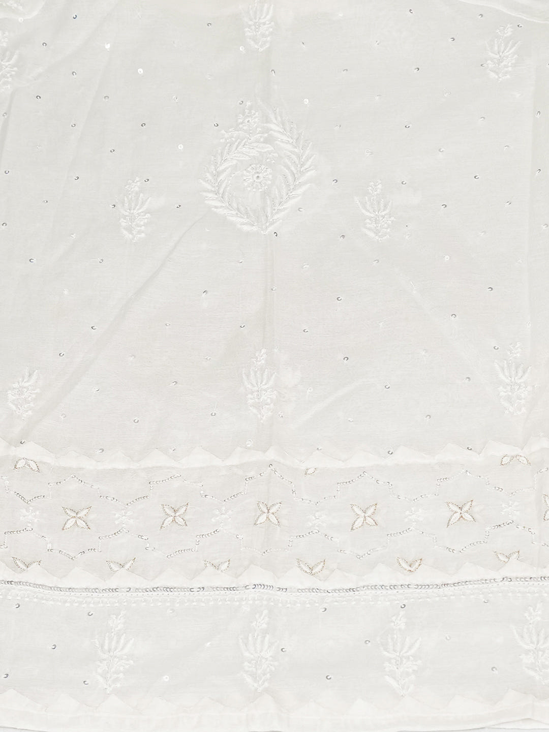 Ada Hand Embroidered White Chanderi Lucknowi Chikankari Unstitched Kurta Dupatta Set With Sequinned, Zari & Cutdana Work 01A988200