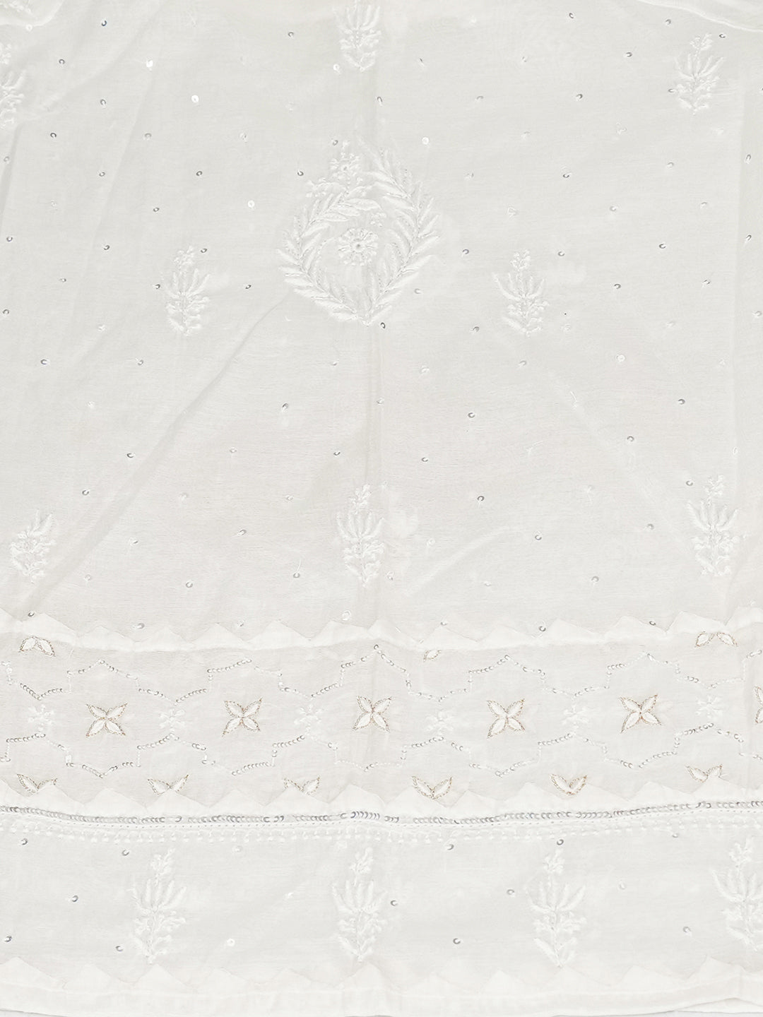 Ada Hand Embroidered White Chanderi Lucknowi Chikankari Unstitched Kurta Dupatta Set With Sequinned, Zari & Cutdana Work 01A988200