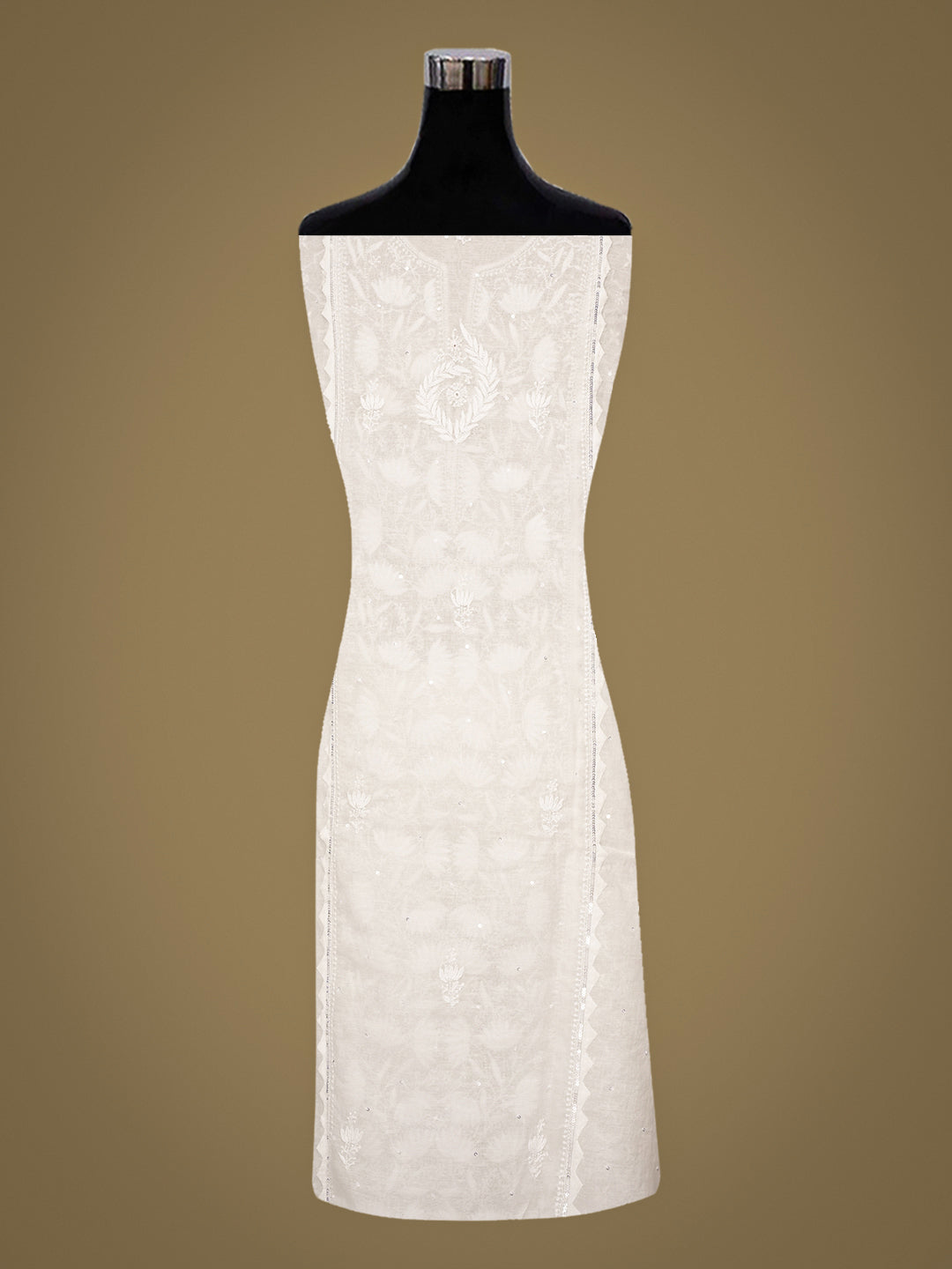 Ada Hand Embroidered White Chanderi Lucknowi Chikankari Unstitched Kurta Dupatta Set With Sequinned, Zari & Cutdana Work 01A988200
