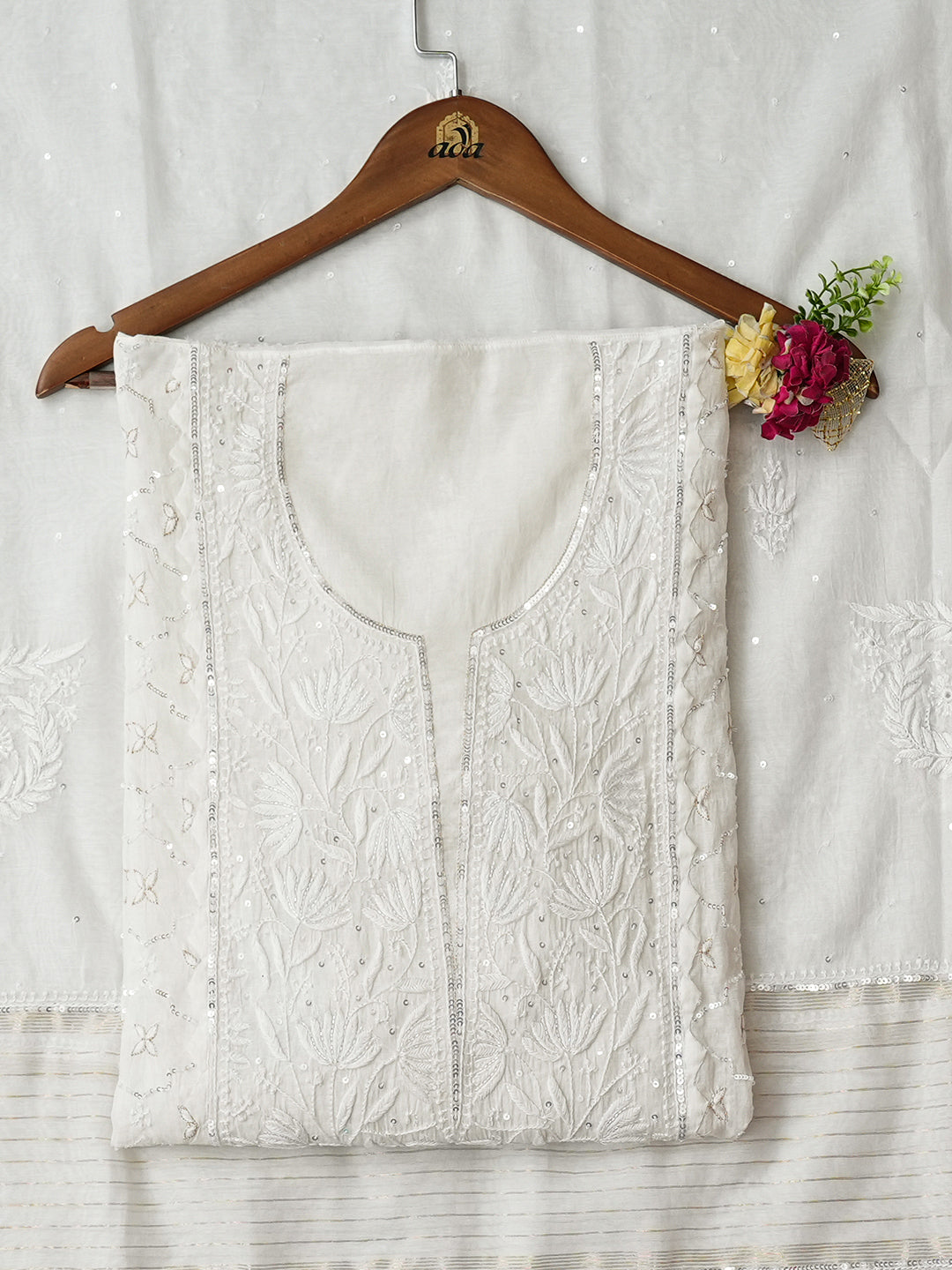 Ada Hand Embroidered White Chanderi Lucknowi Chikankari Unstitched Kurta Dupatta Set With Sequinned, Zari & Cutdana Work 01A988200