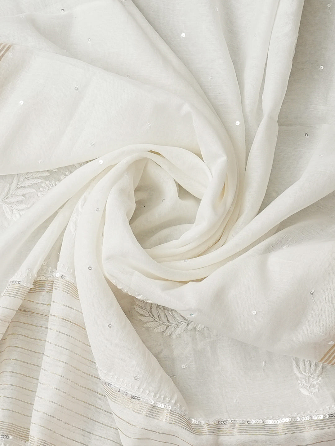 Ada Hand Embroidered White Chanderi Lucknowi Chikankari Unstitched Kurta Dupatta Set With Sequinned, Zari & Cutdana Work 01A988200