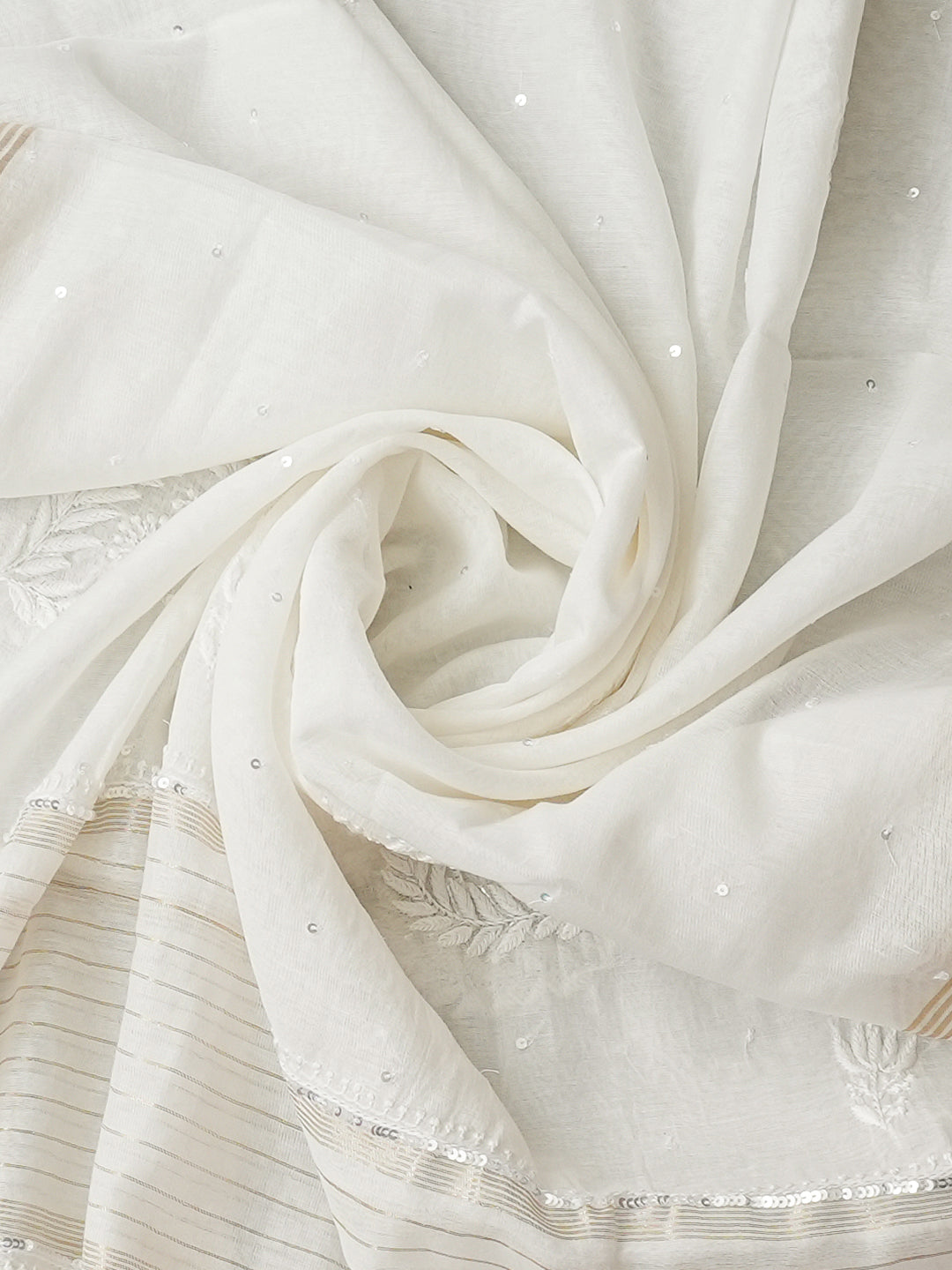 Ada Hand Embroidered White Chanderi Lucknowi Chikankari Unstitched Kurta Dupatta Set With Sequinned, Zari & Cutdana Work 01A988200