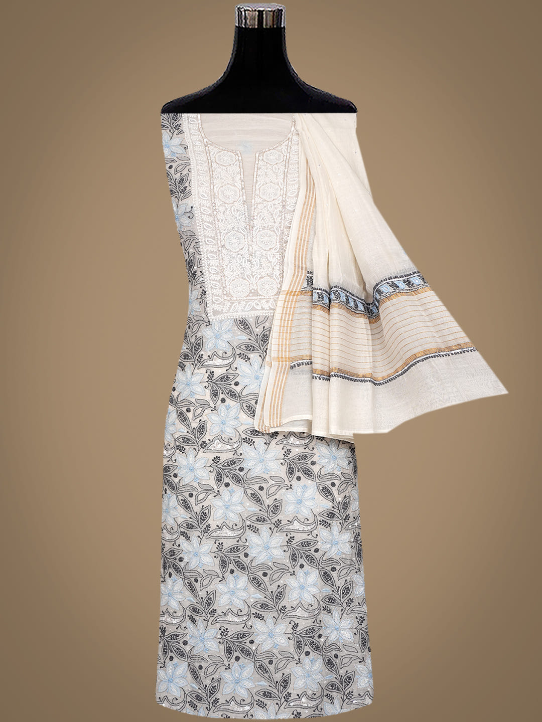 Ada White Chanderi Unstitched Kurta Dupatta Set_4