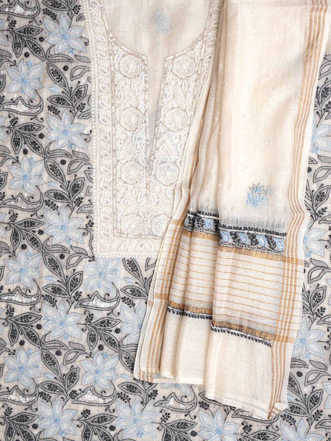 Ada White Chanderi Unstitched Kurta Dupatta Set_3