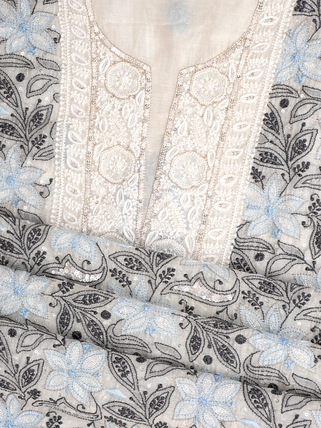 Ada White Chanderi Unstitched Kurta Dupatta Set_5