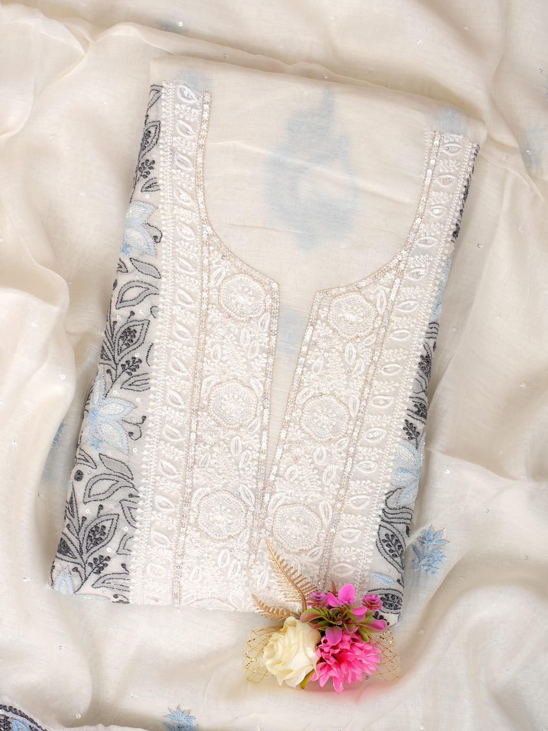 Ada White Chanderi Unstitched Kurta Dupatta Set_1