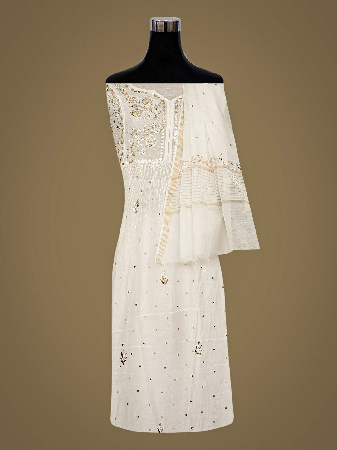 Ada Hand Embroidered White Chanderi Semi-Stitched A-Line Kurta Dupatta Set With Mukaish/Muqaish Work 01A987682