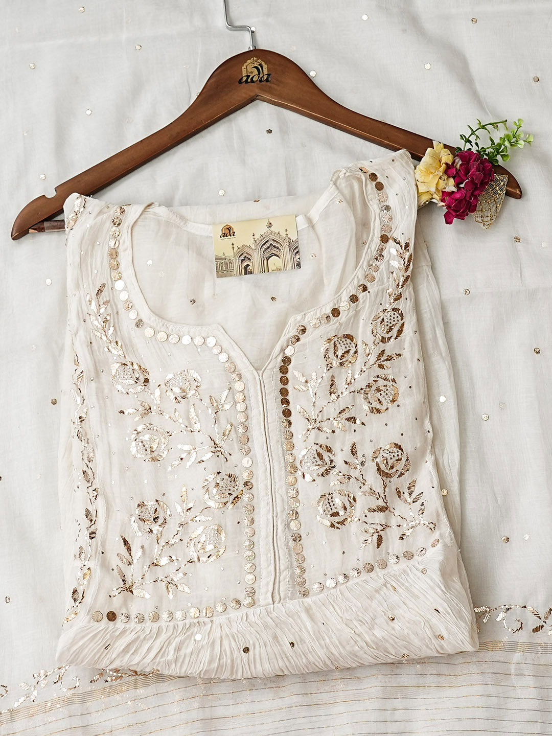 Ada Hand Embroidered White Chanderi Semi-Stitched A-Line Kurta Dupatta Set With Mukaish/Muqaish Work 01A987682