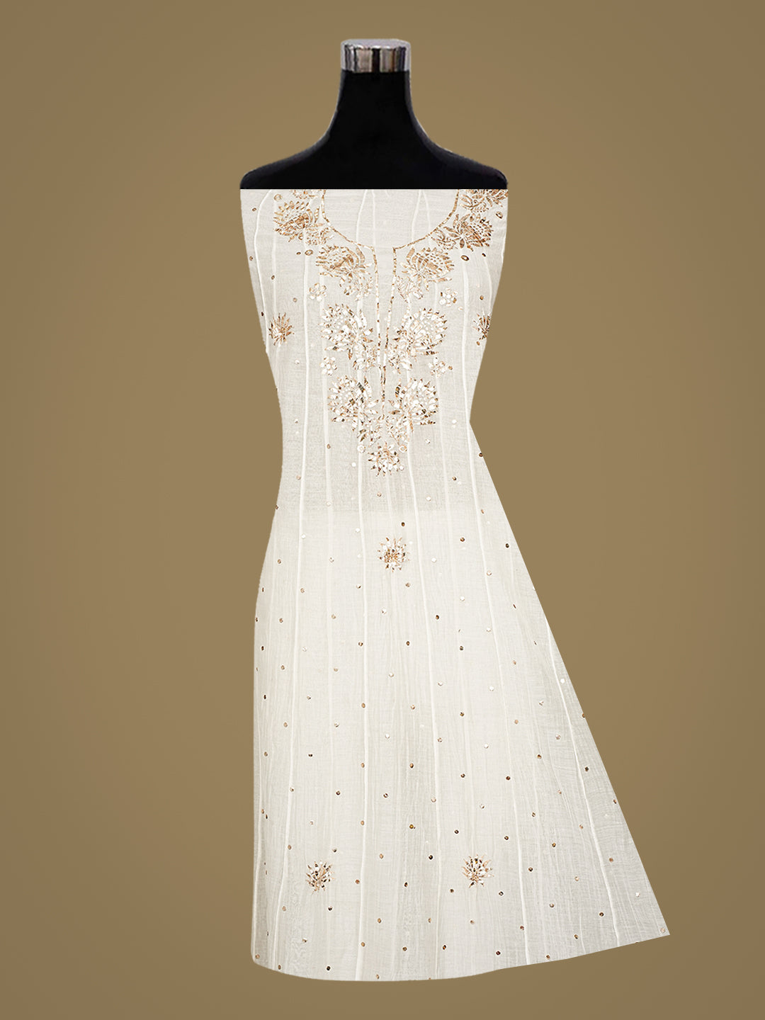 Ada Hand Embroidered White Chanderi Semi-Stitched Anarkali Kurta Dupatta Set With Muqaish/Mukaish Work 01A1002492