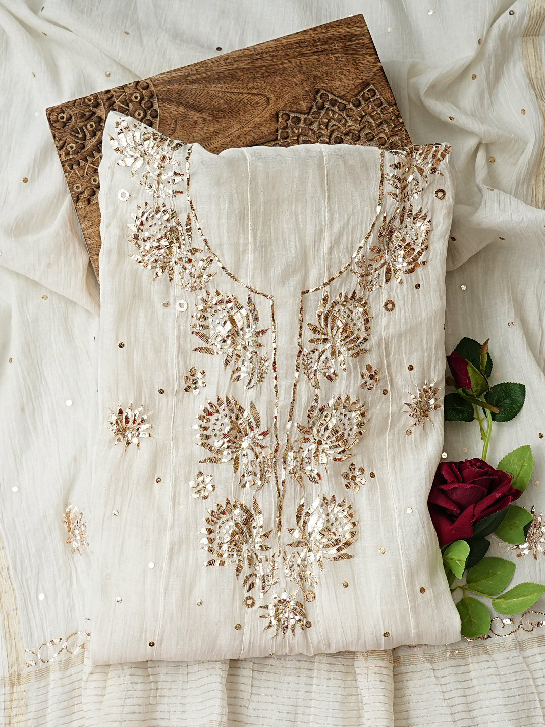 Ada Hand Embroidered White Chanderi Semi-Stitched Anarkali Kurta Dupatta Set With Muqaish/Mukaish Work 01A1002492