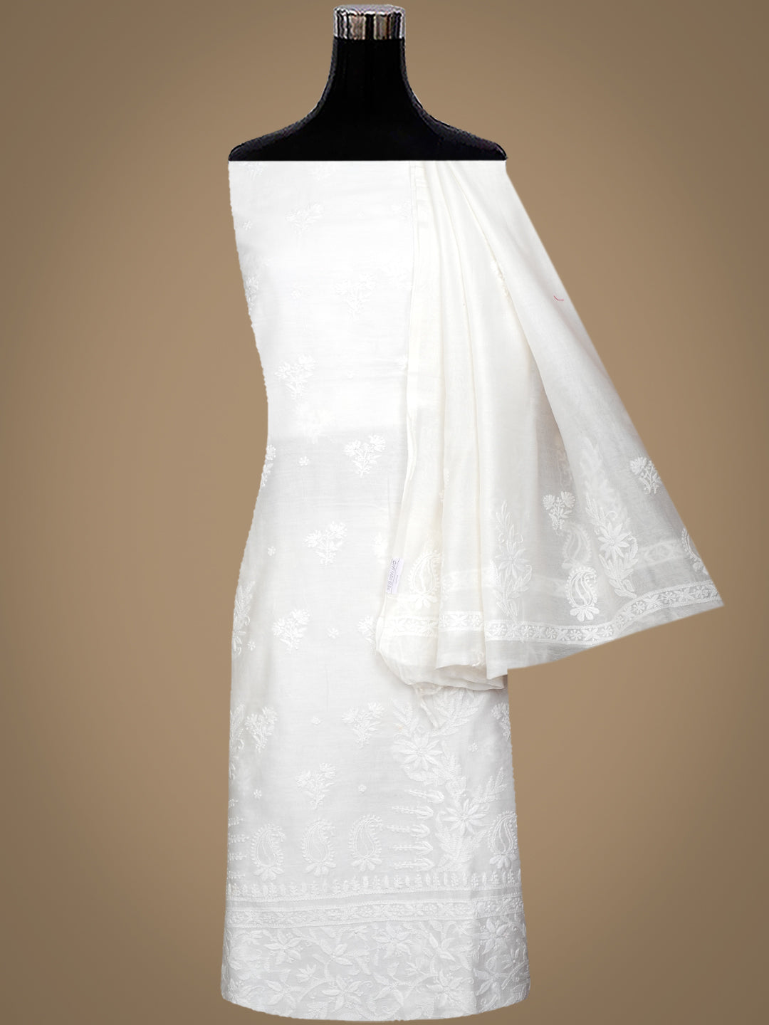 Ada Hand Embroidered White Chanderi Silk Lucknowi Chikankari Unstitched Kurta Dupatta Set 01A420835