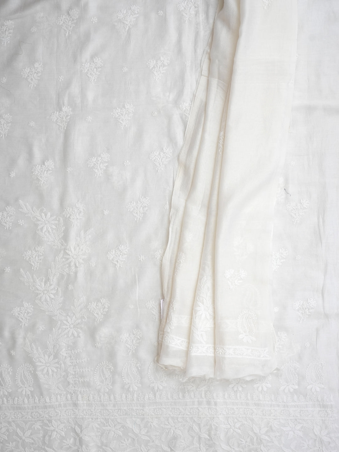 Ada Hand Embroidered White Chanderi Silk Lucknowi Chikankari Unstitched Kurta Dupatta Set 01A420835
