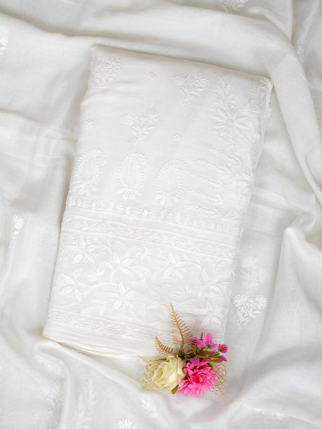 Ada Hand Embroidered White Chanderi Silk Lucknowi Chikankari Unstitched Kurta Dupatta Set 01A420835