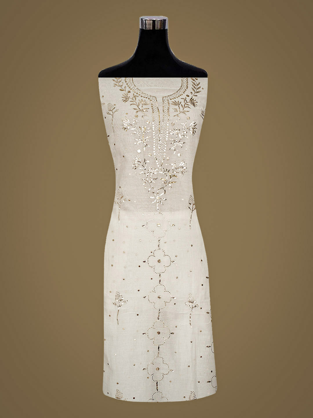 Ada Hand Embroidered White Chanderi Unstitched Kurta Dupatta Set With Muqaish/Mukaish Work 01A989310