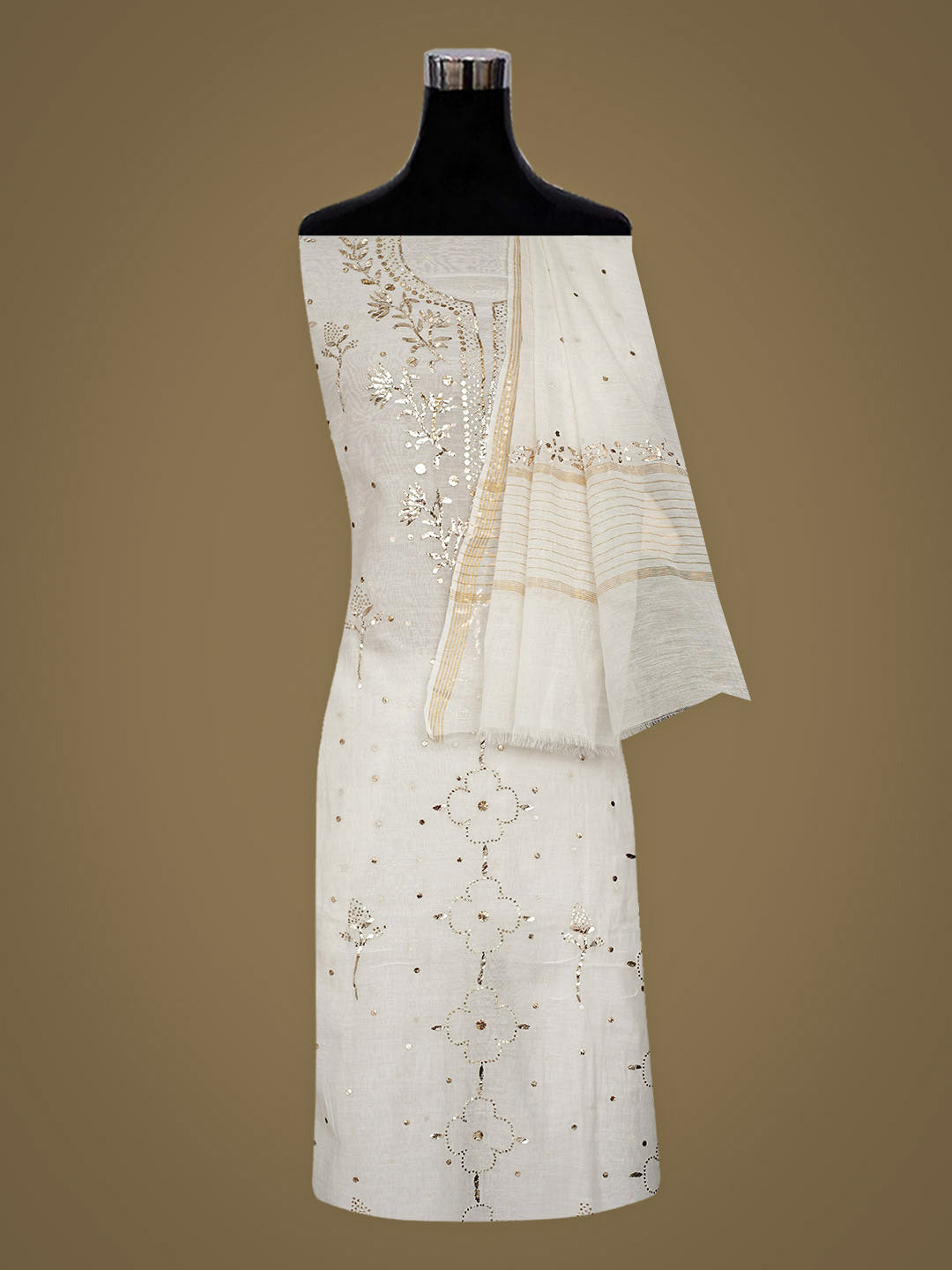 Ada Hand Embroidered White Chanderi Unstitched Kurta Dupatta Set With Muqaish/Mukaish Work 01A989310