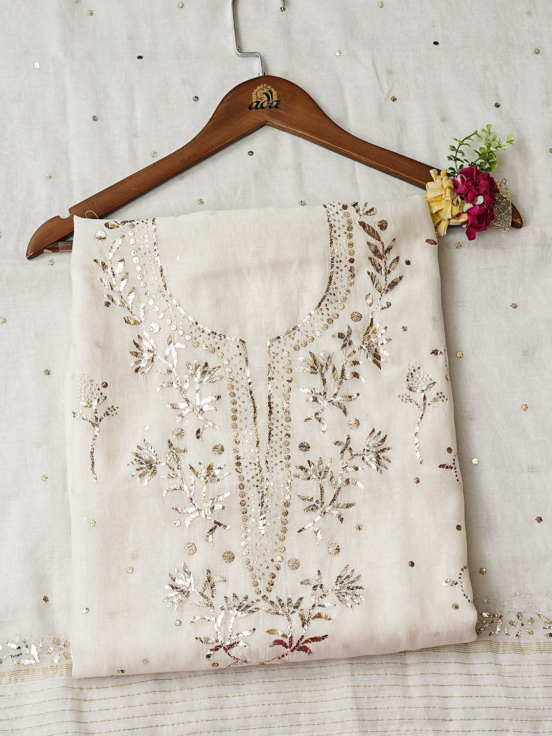 Ada Hand Embroidered White Chanderi Unstitched Kurta Dupatta Set With Muqaish/Mukaish Work 01A989310