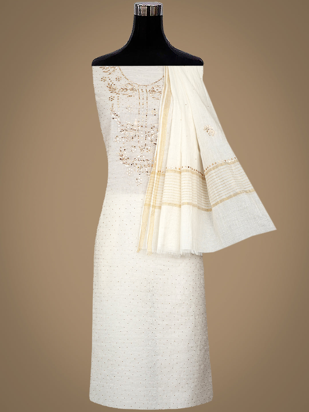 Ada Hand Embroidered White Chanderi Unstitched Kurta Dupatta Set With Muqaish Work 01A1002476