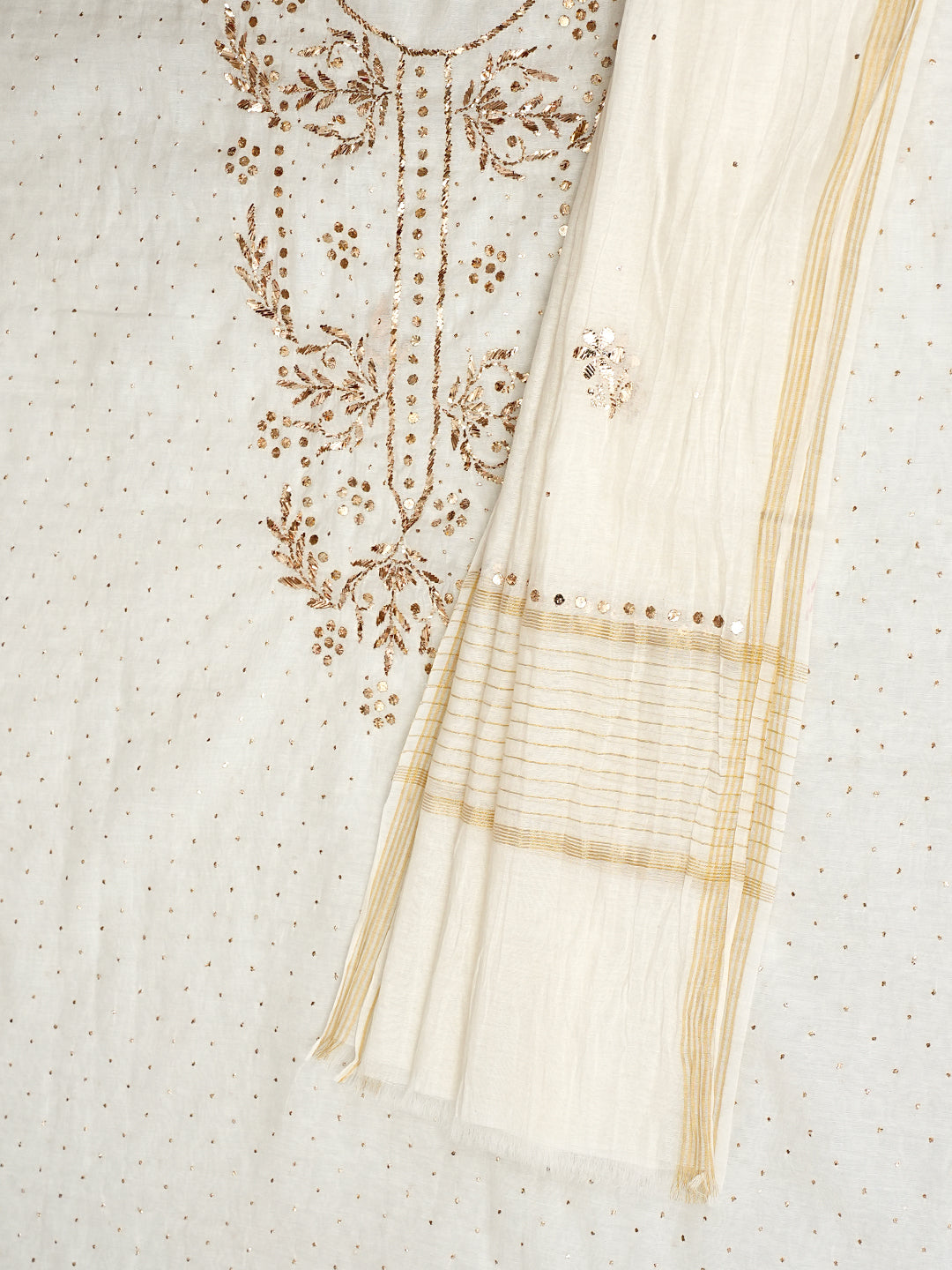 Ada Hand Embroidered White Chanderi Unstitched Kurta Dupatta Set With Muqaish Work 01A1002476