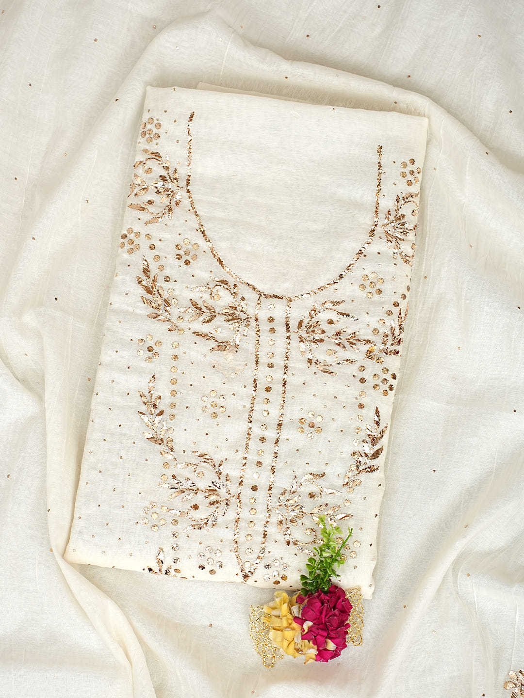 Ada Hand Embroidered White Chanderi Unstitched Kurta Dupatta Set With Muqaish Work 01A1002476