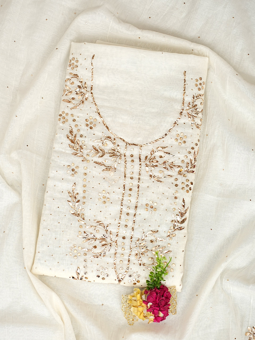 Ada Hand Embroidered White Chanderi Unstitched Kurta Dupatta Set With Muqaish Work 01A1002476