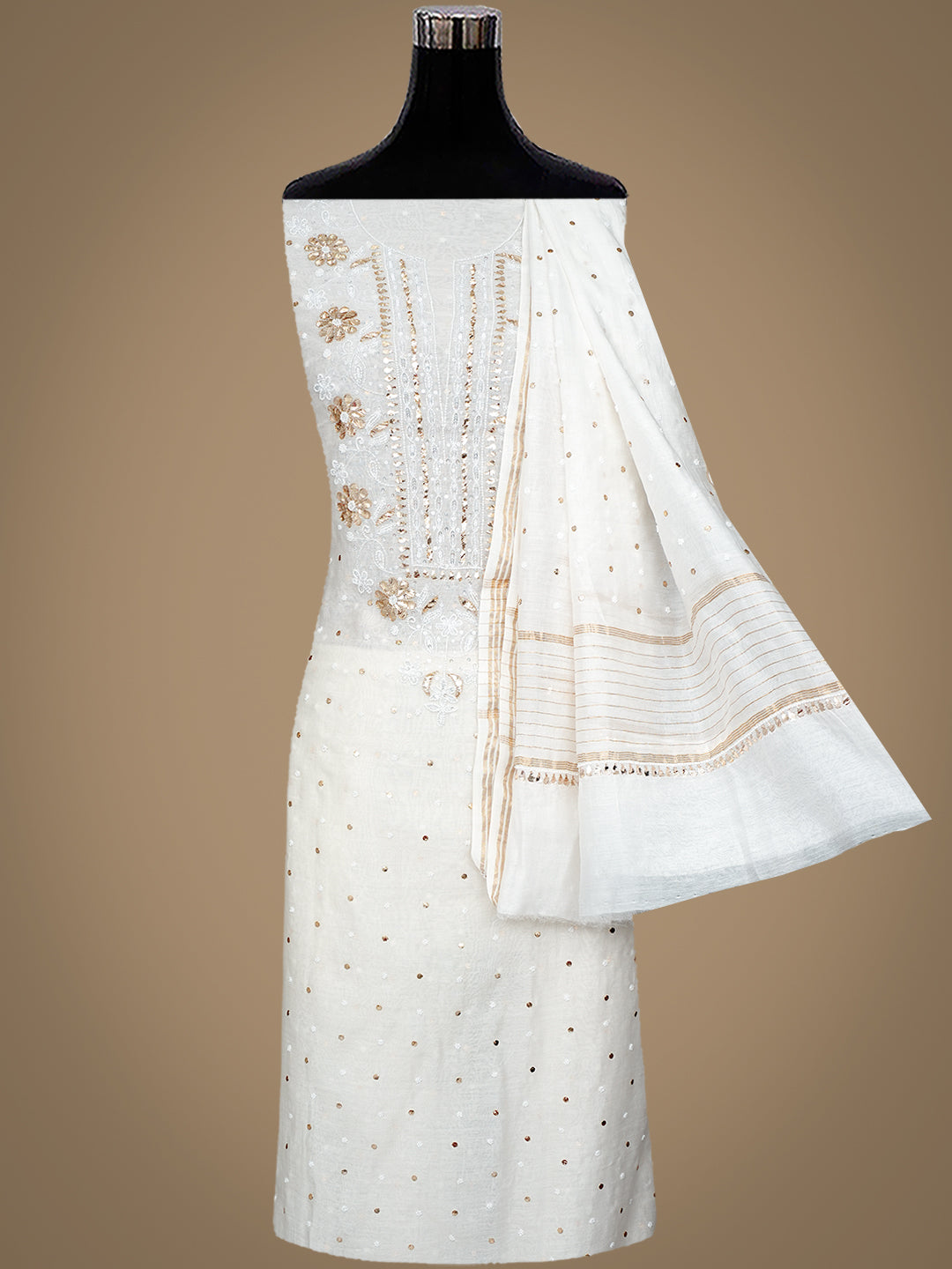 Ada Hand Embroidered White Chanderi Unstitched Kurta Dupatta With Muqaish/Mukaish Work 01A977746
