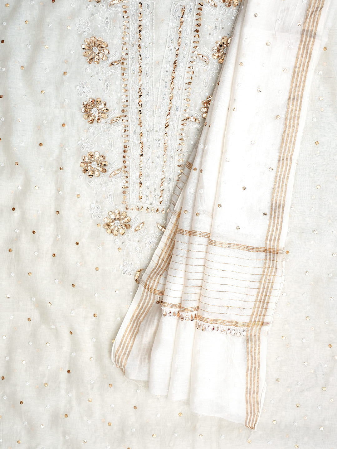 Ada Hand Embroidered White Chanderi Unstitched Kurta Dupatta Set With Muqaish/Mukaish Work 01A977746