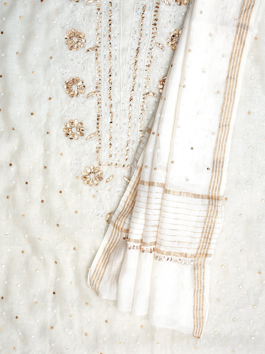 Ada Hand Embroidered White Chanderi Unstitched Kurta Dupatta With Muqaish/Mukaish Work 01A977746