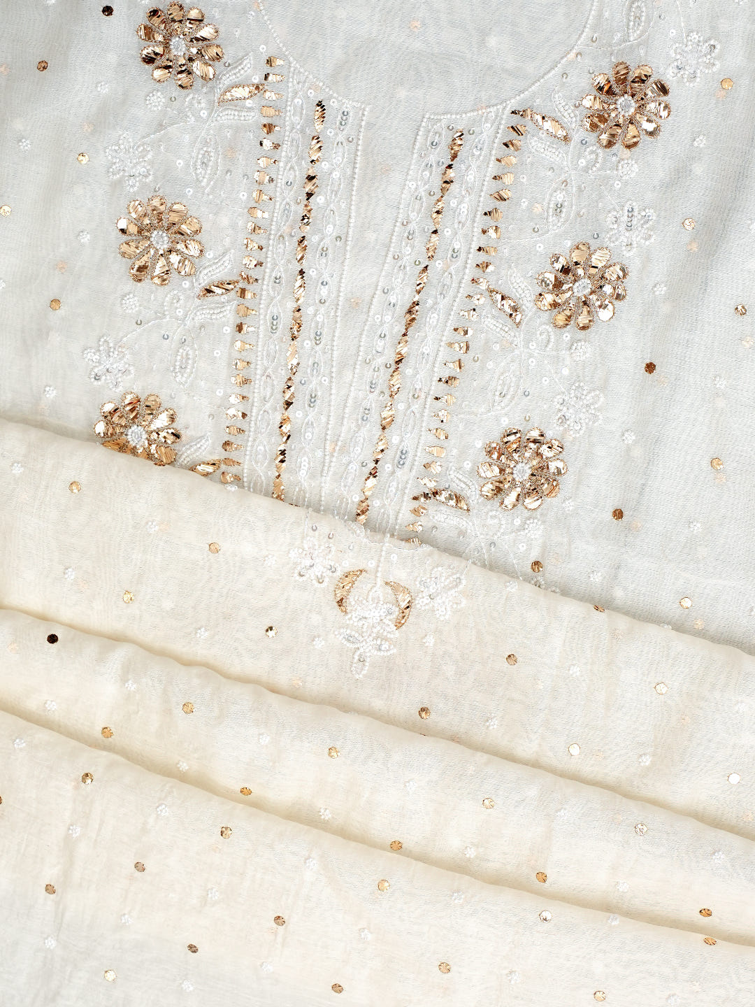 Ada Hand Embroidered White Chanderi Unstitched Kurta Dupatta Set With Muqaish/Mukaish Work 01A977746