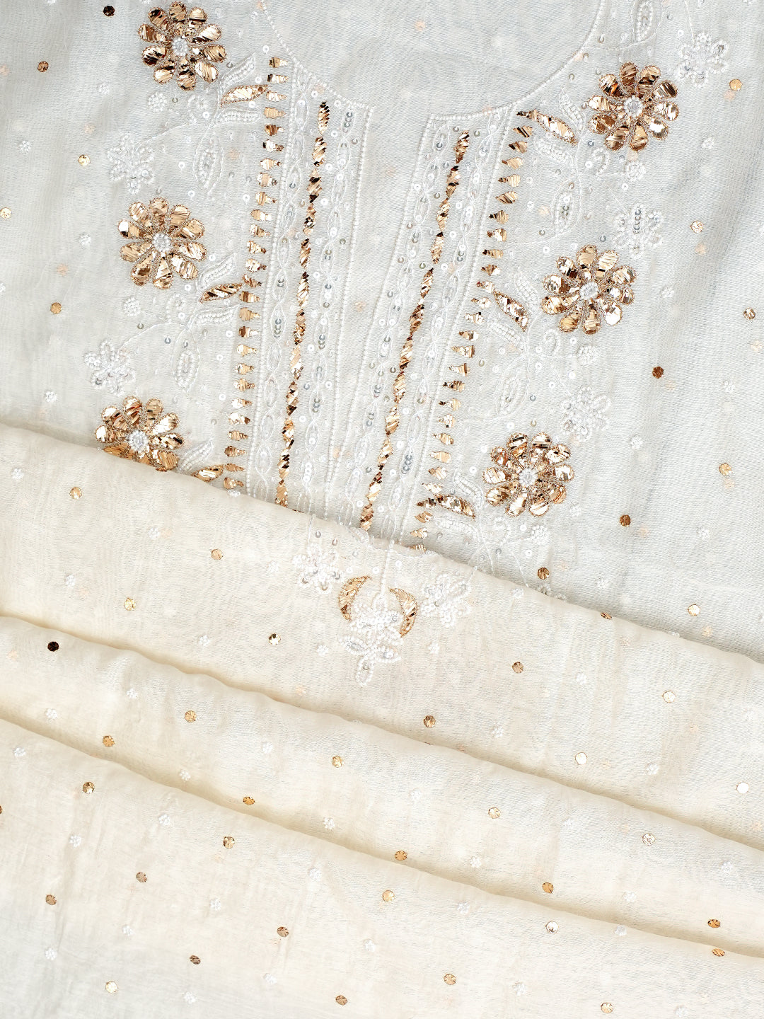 Ada Hand Embroidered White Chanderi Unstitched Kurta Dupatta With Muqaish/Mukaish Work 01A977746