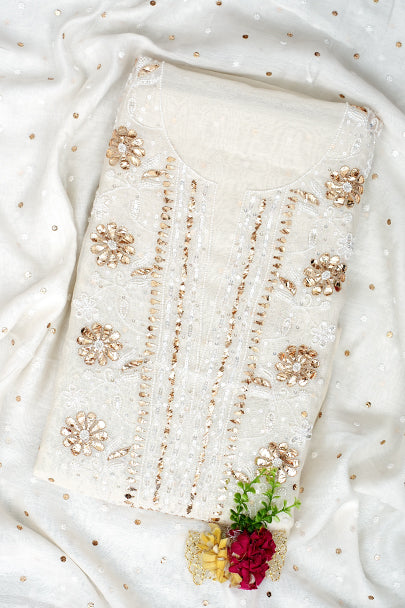 Ada Hand Embroidered White Chanderi Unstitched Kurta Dupatta With Muqaish/Mukaish Work 01A977746