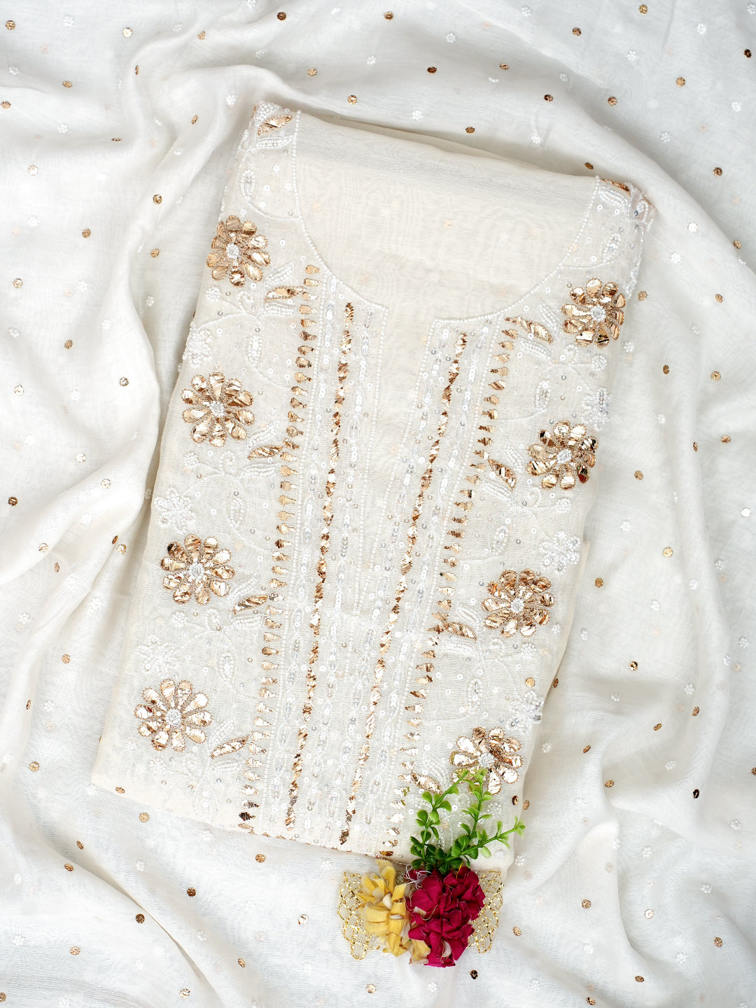 Ada Hand Embroidered White Chanderi Unstitched Kurta Dupatta With Muqaish/Mukaish Work 01A977746