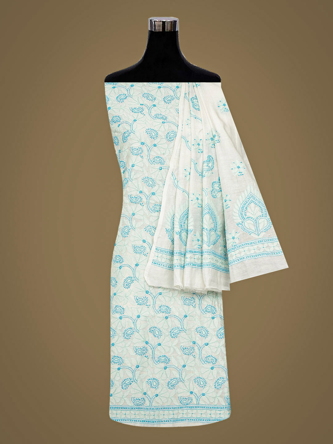Ada Hand Embroidered White Chanderi Unstitched Lucknowi Chikankari Kurta Dupatta 01A980408