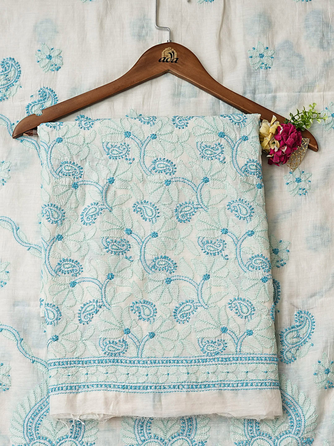Ada Hand Embroidered White Chanderi Unstitched Lucknowi Chikankari Kurta Dupatta 01A980408