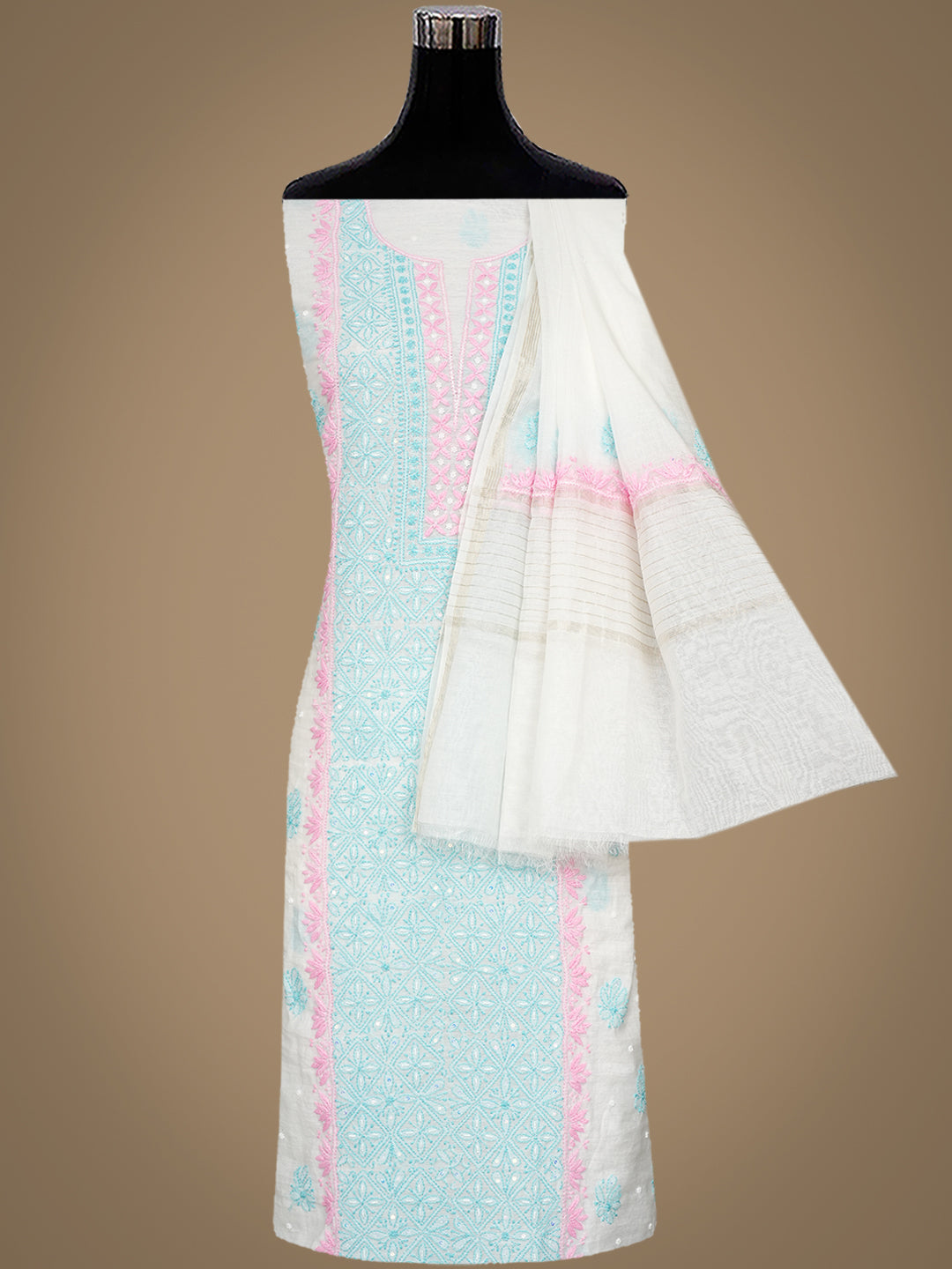 Ada Hand Embroidered White Chanderi Unstitched Lucknowi Chikankari Kurta Dupatta Set With Pearl Work 01A897635