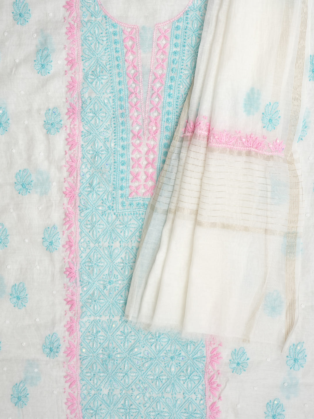 Ada Hand Embroidered White Chanderi Unstitched Lucknowi Chikankari Kurta Dupatta Set With Pearl Work 01A897635