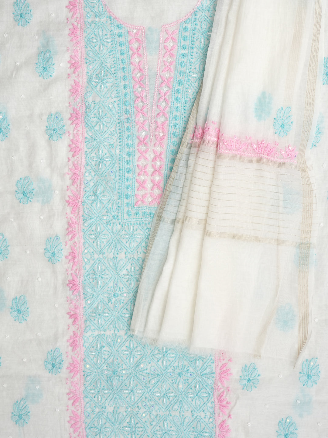 Ada Hand Embroidered White Chanderi Unstitched Lucknowi Chikankari Kurta Dupatta Set With Pearl Work 01A897635
