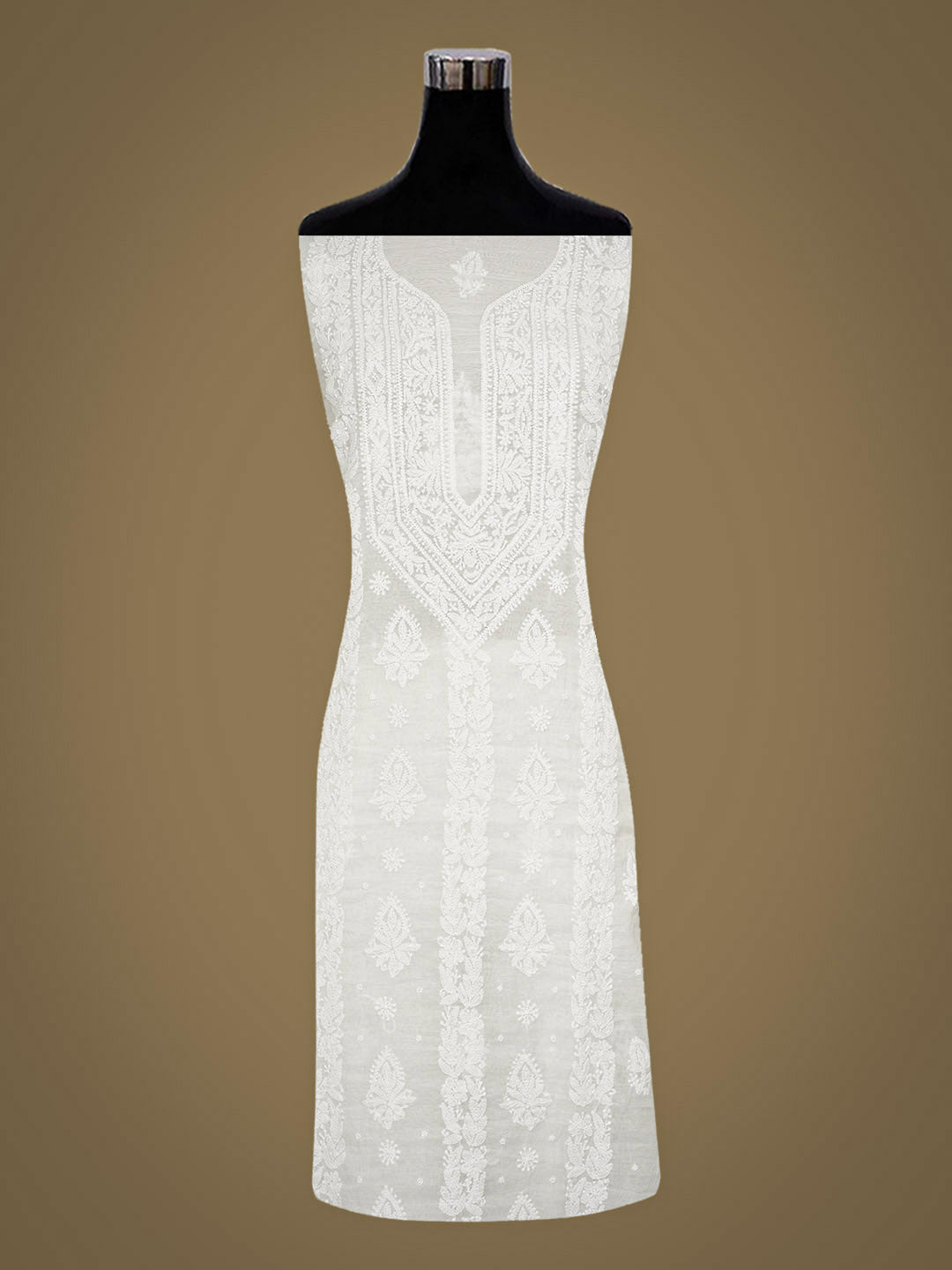 Ada Hand Embroidered White Chanderi Unstitched Lucknowi Chikankari Kurta Dupatta Set With Pearl Work 01A972823